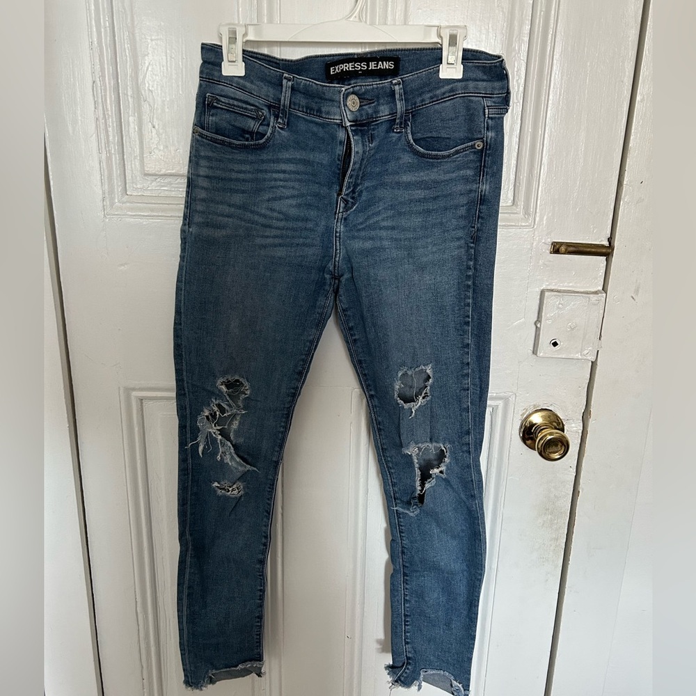 Express Women's Dark Blue Distressed Skinny Jeans
